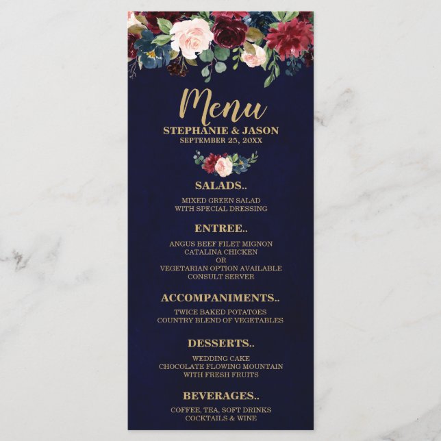 Burgundy Red Navy Floral Rustic Boho Menu Mariage (Devant)