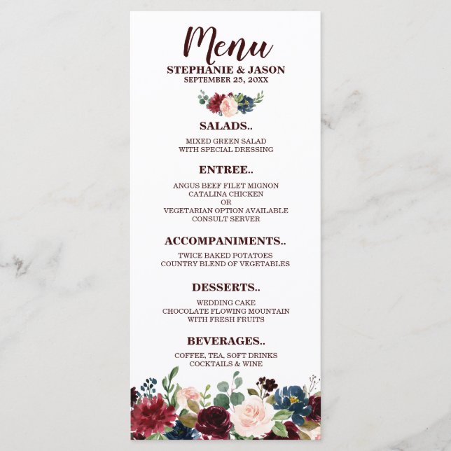 Burgundy Red Navy Floral Rustic Boho Menu Mariage (Devant)