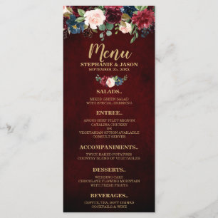 Burgundy Red Navy Floral Rustic Boho Menu Mariage
