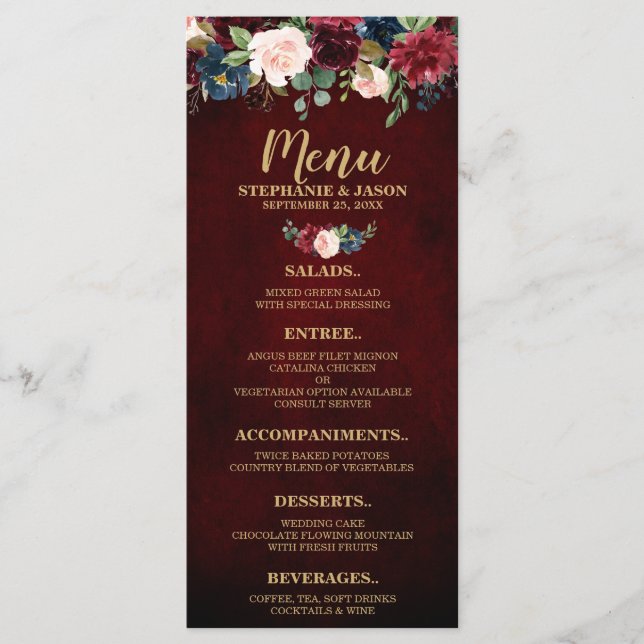 Burgundy Red Navy Floral Rustic Boho Menu Mariage (Devant)