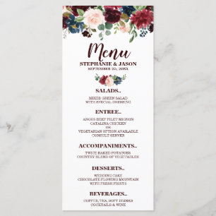 Burgundy Red Navy Floral Rustic Boho Menu Mariage