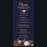 Burgundy Red Navy Floral Rustic Boho Menu Mariage<br><div class="desc">Aquarelle Burgundy Red Navy Floral Rustic Boho Mariage Menu Carte rack avec lettrage or. Parfait pour un mariage de automne. Le design comprend un bouquet époustouflant de bordeaux / Marsala, pêche, fleurs marines / roses avec feuilles assortis. S'il vous plaît trouver d'autres modèles et variantes dans mon magasin "blissweddingpaperie". N'hésitez...</div>
