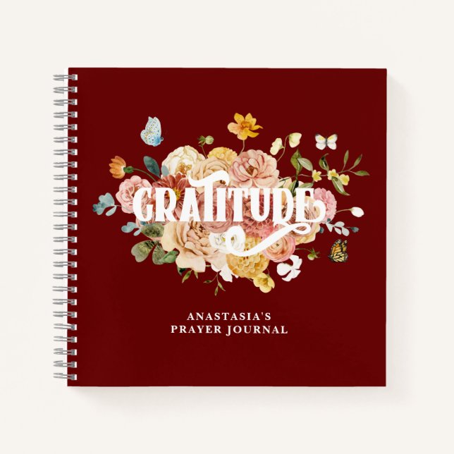 Burgundy Red Pink Floral Custom Gratitude Journal (Devant)
