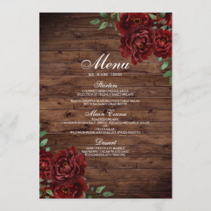 Burgundy Red Rose Rustic Wood Menu Mariage