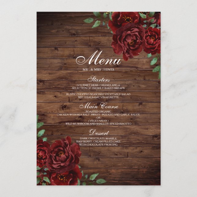 Burgundy Red Rose Rustic Wood Menu Mariage (Devant)