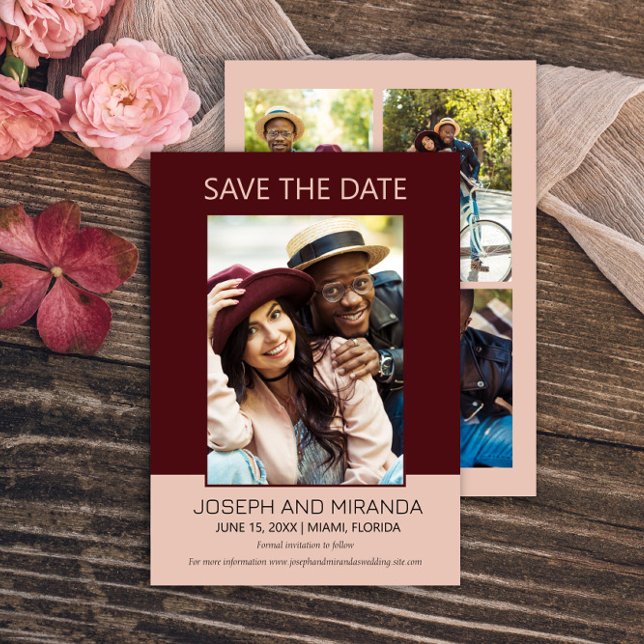 Burgundy Rose 4 Photo Mariage Carte de Save the Da (Burgundy and pink 4-photo (front and back) wedding Save the Date flat card)