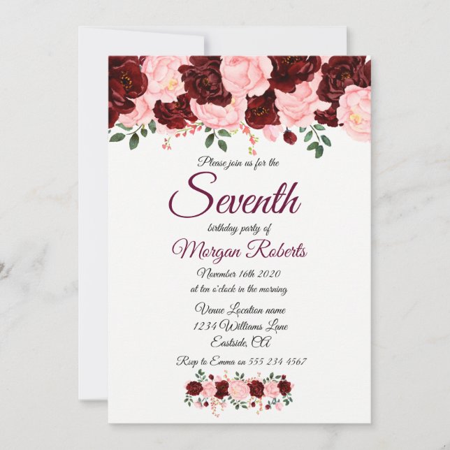 Burgundy Rose Girls 7e anniversaire Invitation de  (Devant)