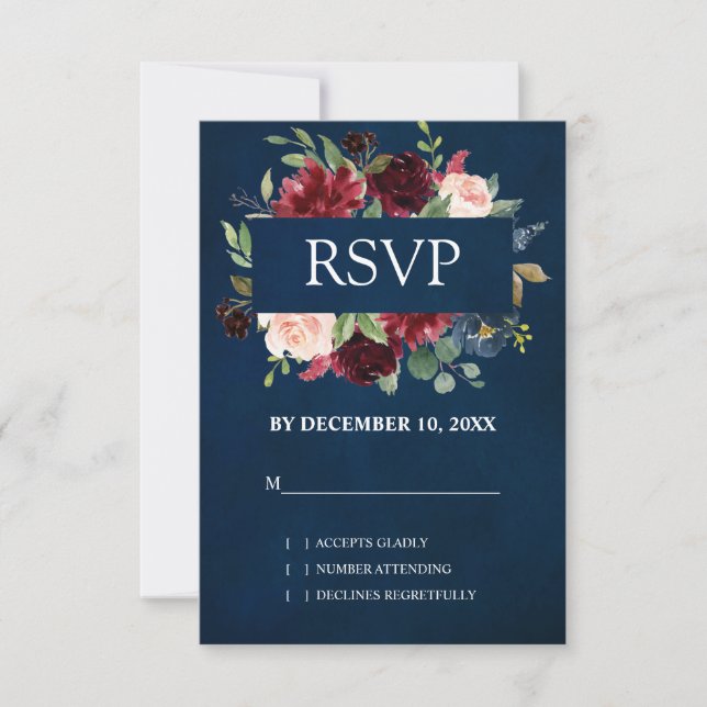 Burgundy Rouge Navy Floral Boho Mariage RSVP (Devant)