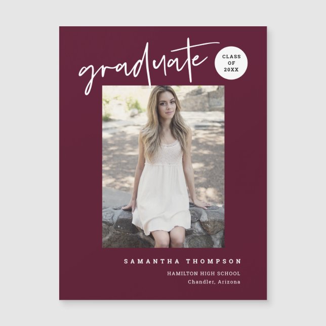 Burgundy Script School Graduate Photo Magnet (Devant)