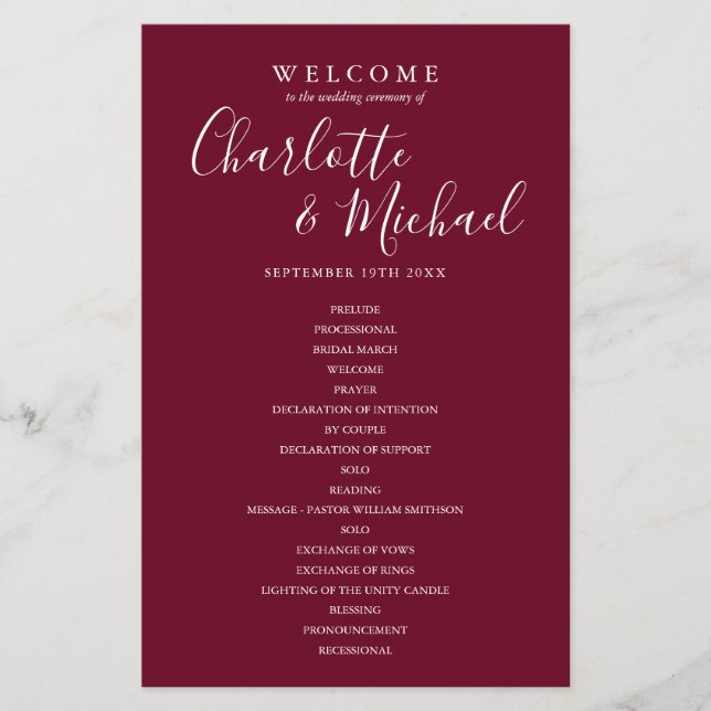 Burgundy Signature Script Mariage Programme de bie (Devant)