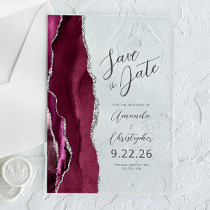 Burgundy Silver Agate Script Faire-Part de Date de