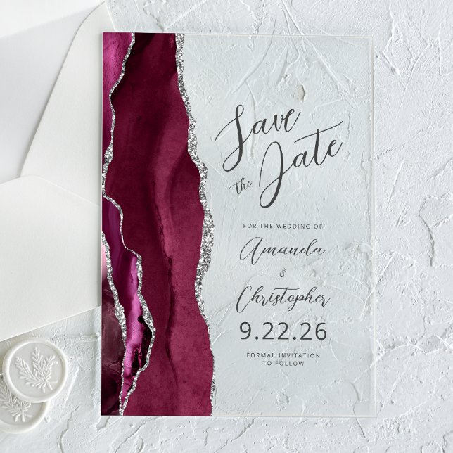 Burgundy Silver Agate Script Faire-Part de Date de (Créateur téléchargé)