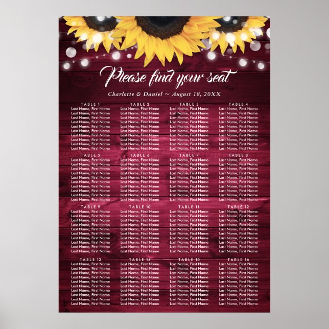 Burgundy Sunflower Wedding Table Plan 16 Poster (Devant)