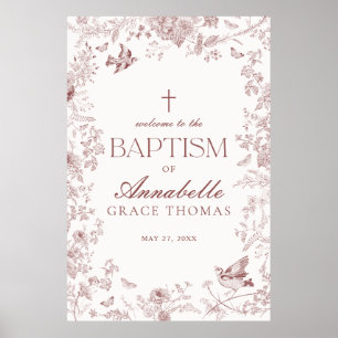 Burgundy Toile De Jouy Floral Baptism Affiche de b