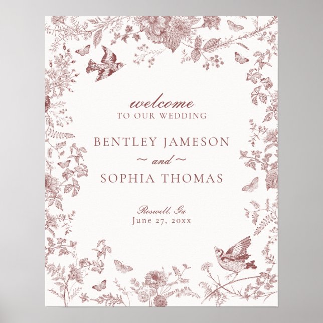 Burgundy Toile De Jouy Mariage Floral Affiche de b (Devant)