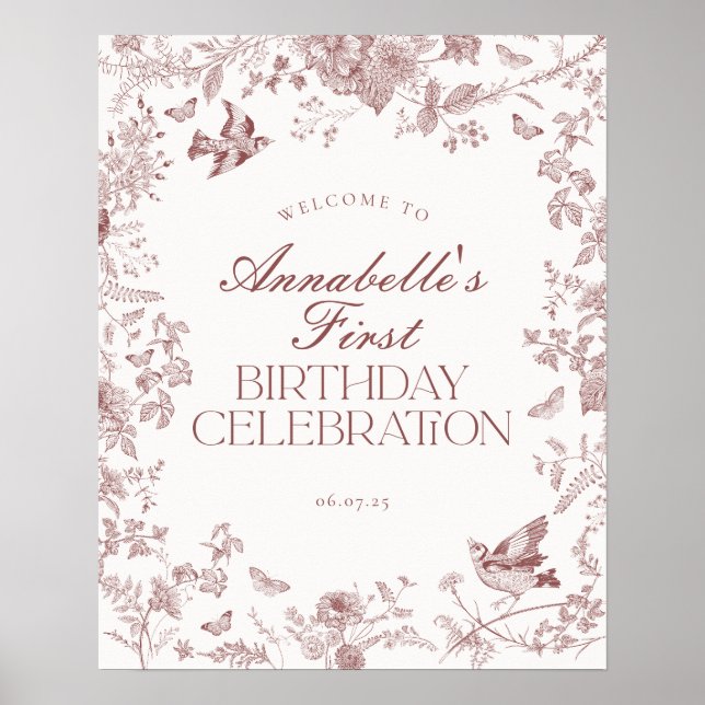 Burgundy Toile Floral Anniversaire Affiche de bien (Devant)