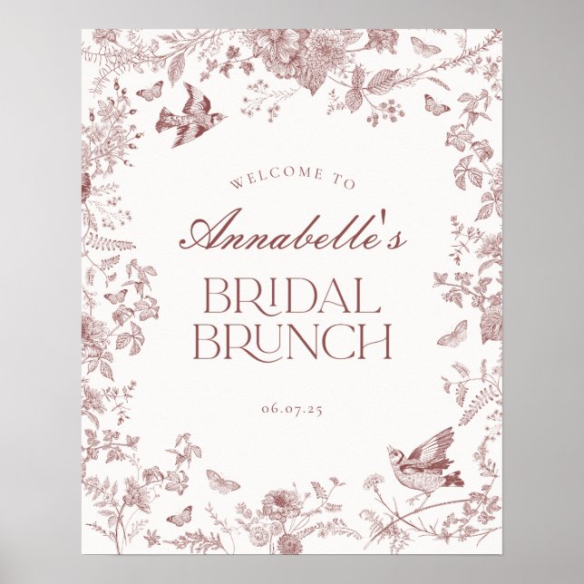 Burgundy Toile Floral Bridal Brunch Affiche de bie (Devant)
