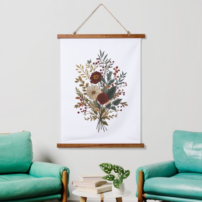 Burgundy Vert Beige Automne Fleurs Art Mural (Salon)