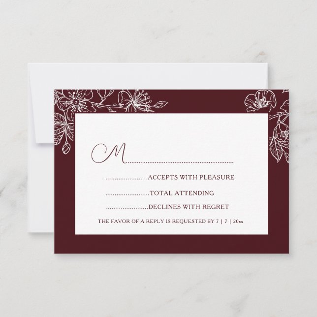 Burgundy White Floral Line Art RSVP (Devant)