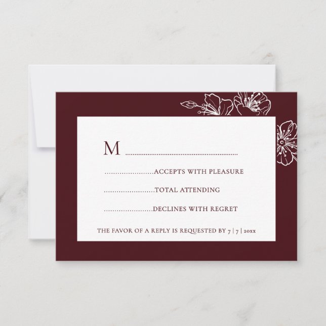 Burgundy White Floral Line Art RSVP (Devant)