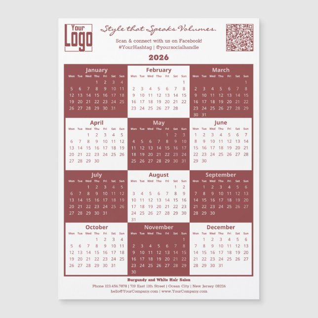Burgundy White Logo QR-code 2026 Calendar Magnet (Devant)