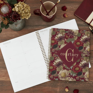 Burgundy William Morris Floral Élégant Monogramme