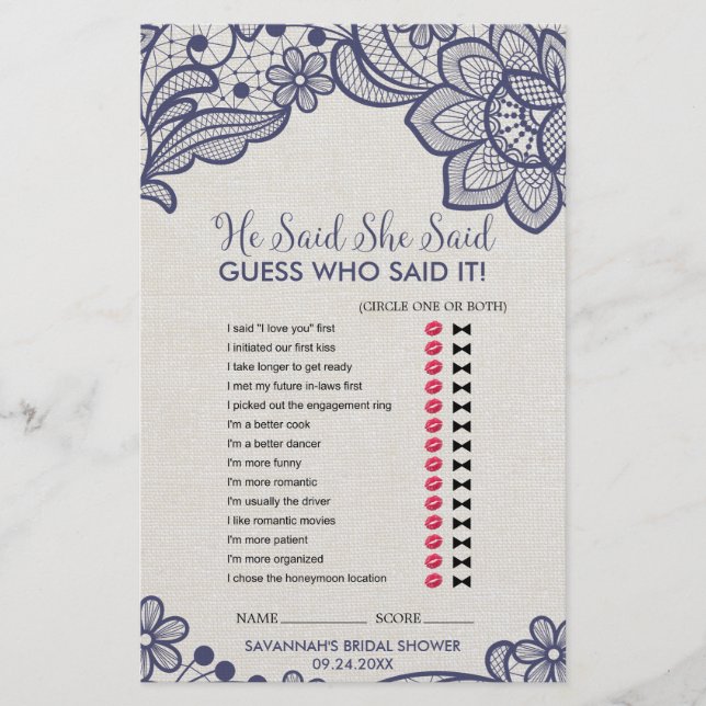 Burlap and Navy Lace "He Said She Said" Jeu (Devant)