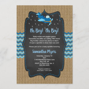 Burlap Avions Twin Boys bébé sprinkl invitation