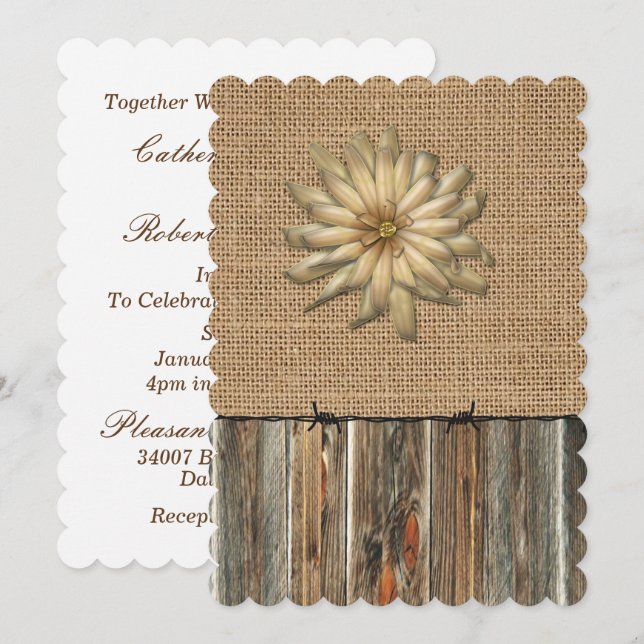 Burlap Barnwood Barbed fils et Invitation de fleur (Devant / Derrière)