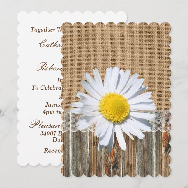 Burlap Barnwood Dentelle Et Daisy Invitation (Devant / Derrière)