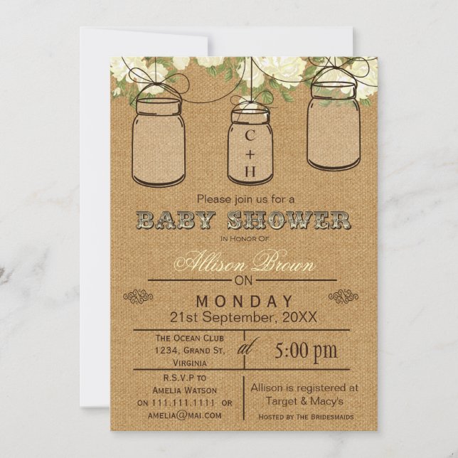 Burlap, bocaux de mason, Invitations baby showers  (Devant)