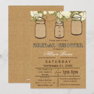 Burlap, bocaux de mason, Invitations de douche nup