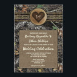 Burlap   Carved Heart Camo Wedding Invitations<br><div class="desc">Burlap Carved Heart Camo Wedding Invitations - présente un arrière - plan imprimé de camouflage de chasse avec des éléments de conception de burlap et de ficelle. Une zone de burlap brun imprimée contient le texte mariage. Une tranche de rondelle imprimée avec un coeur brûlé se trouve sur la ficelle....</div>