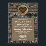 Burlap   Carved Heart Camo Wedding Invitations<br><div class="desc">Burlap Carved Heart Camo Wedding Invitations - présente un arrière - plan imprimé de camouflage de chasse avec des éléments de conception de burlap et de ficelle. Une zone de burlap brun imprimée contient le texte mariage. Une tranche de rondelle imprimée avec un coeur brûlé se trouve sur la ficelle....</div>