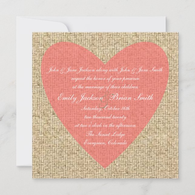 Burlap coeur rose invitation de mariage rustique (Devant)
