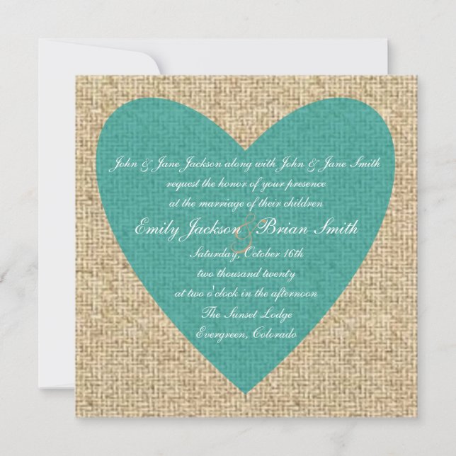 Burlap coeur turquoise invitation de mariage rusti (Devant)