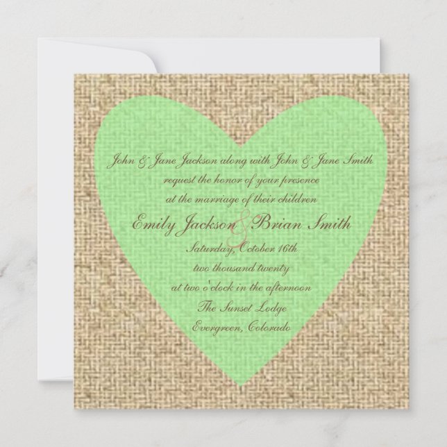 Burlap coeur vert invitation de mariage rustique (Devant)