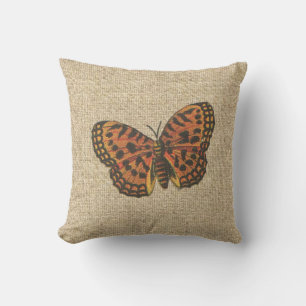 Burlap coussin décoratif papillon orange rustique