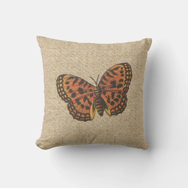 Burlap coussin décoratif papillon orange rustique (Recto)