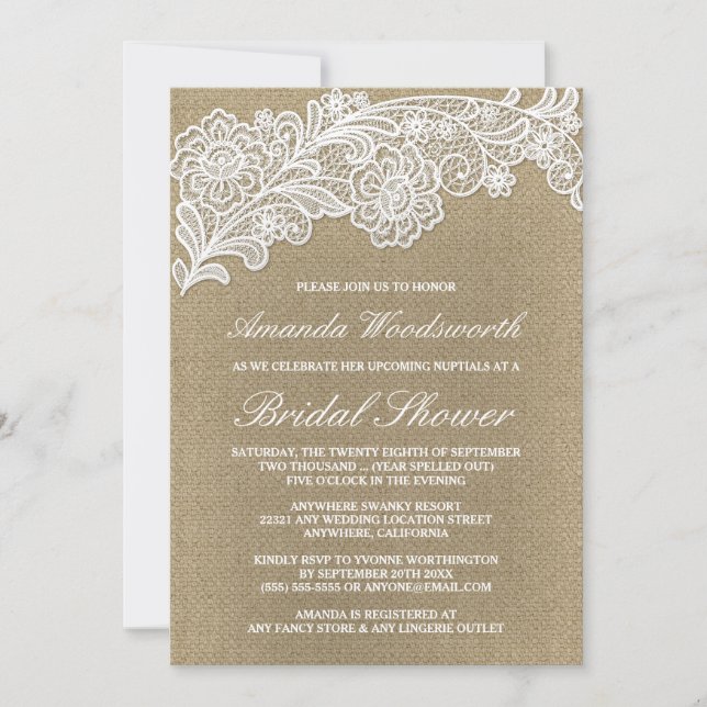 Burlap + Dentelle Mariage Invitations de douche nu (Devant)