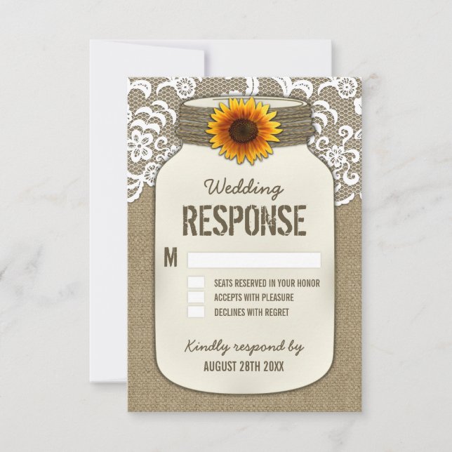 Burlap Dentelle Tournesol Mason Jar Mariage Cartes (Devant)