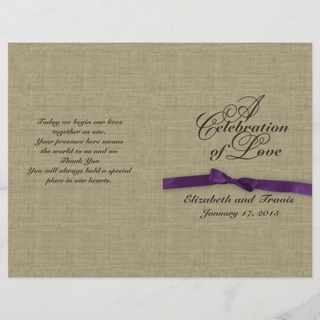 Burlap et Purple Bow Wedding Program (Devant)