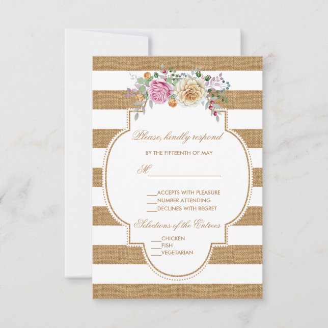 Burlap Floral Rustique rayures Mariage RSVP (Devant)