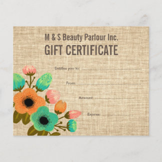 Burlap Floral Salon Certificat Cadeau Modèle