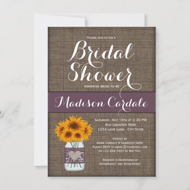 Burlap Imprimer Mason Jar Invitations de douche nu (Devant)