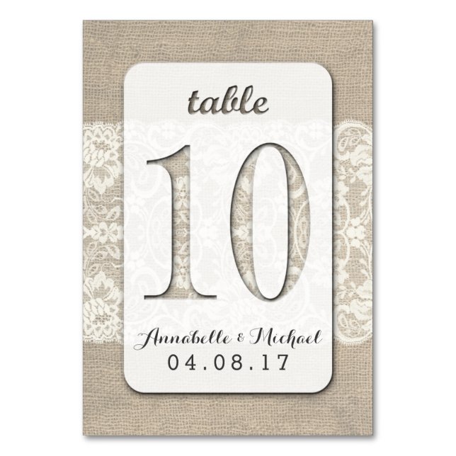 Burlap Lace Rustic Mariage Numéro de table Carte 1 (Par défaut)