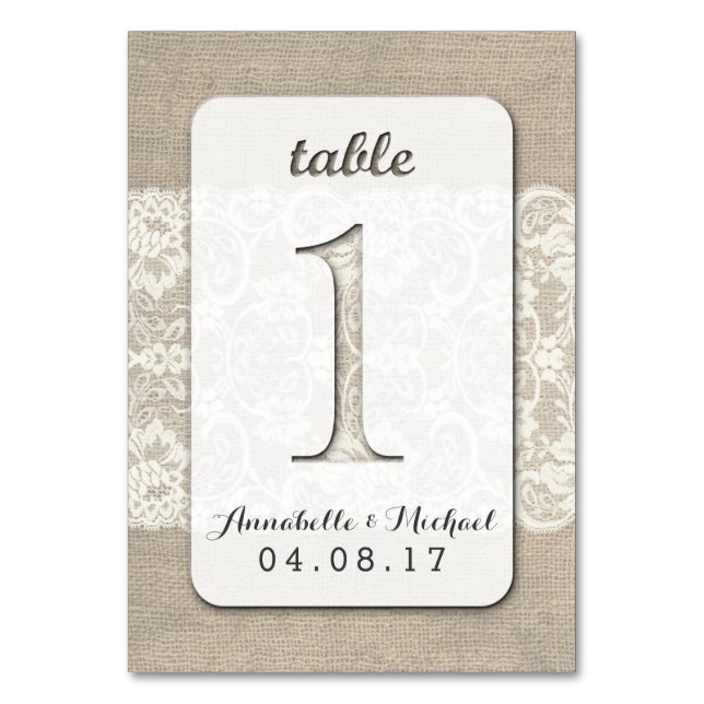 Burlap Lace Rustique Mariage Numéro de table Carte (Par défaut)