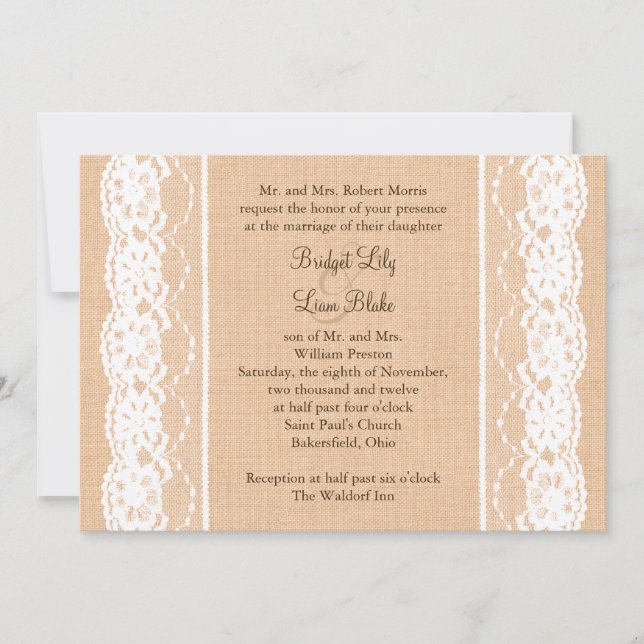 Burlap léger et Faire-part de mariage de dentelle  (Devant)