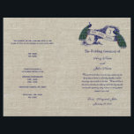 Burlap Linen Peacocks Programme de mariage rustiqu<br><div class="desc">Burlap Linen Peacocks Rustic Wedding Program. Bifold Vintage Wedding Program avec Peacocks Bleus et initiales monogrammes imprimées sur burlap lin effet photo arrière - plan (imprimé). Les paons bleu vintage et turquoise turquoise sont perchés sur l'illustration vintage de défilement avec "M. et Mme" et vous permettent d'ajouter les initiales du...</div>