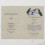 Burlap Linen Peacocks Programme de mariage rustiqu<br><div class="desc">Burlap Linen Peacocks Rustic Wedding Program. Bifold Vintage Wedding Program avec Peacocks Bleus et initiales monogrammes imprimées sur burlap lin effet photo arrière - plan (imprimé). Les paons bleu vintage et turquoise turquoise sont perchés sur l'illustration vintage de défilement avec "M. et Mme" et vous permettent d'ajouter les initiales du...</div>